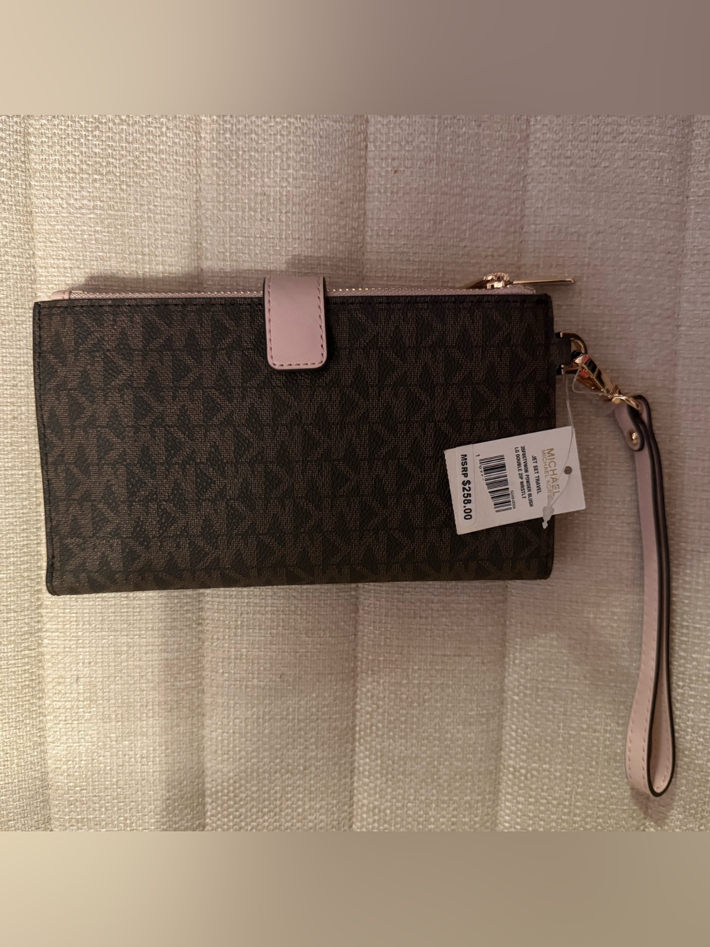 Michael Kors Brown Logo Wristlet with Pink Trim